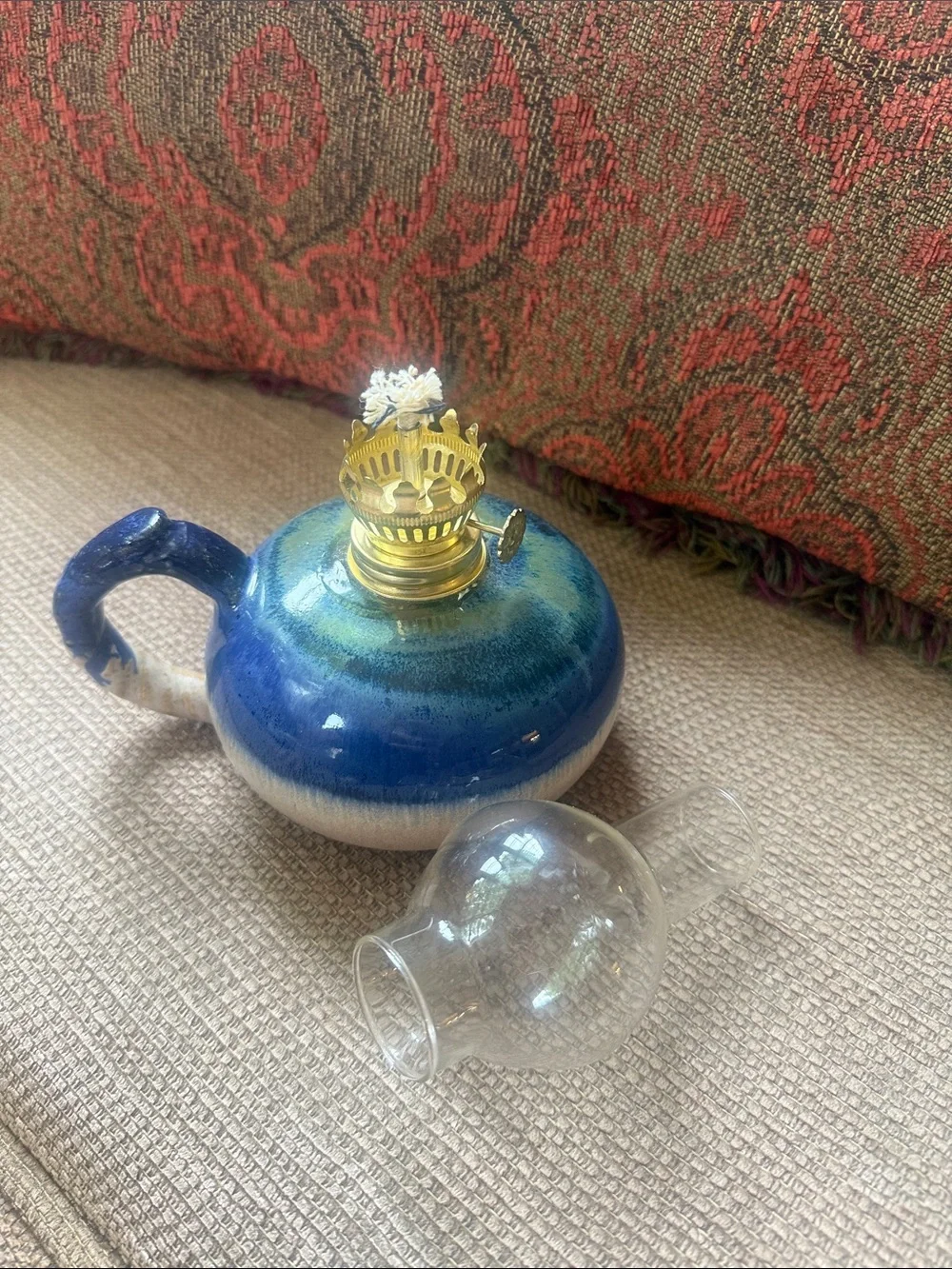 Cave House Crafts Ceramic Oil Lamp in Blue and Cream